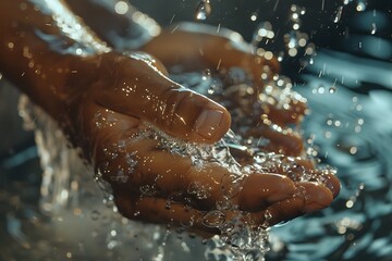 Close up of hands washing in a bathtub with water splashes