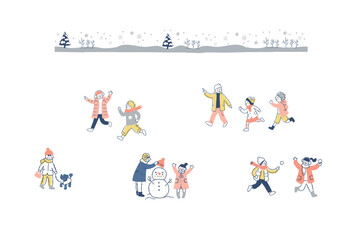 冬の屋外で元気に遊ぶ子供達