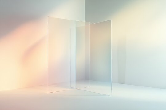 abstract concept featuring floating translucent panels and soft pastel gradients on neutral background with spacious