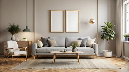 Fototapeta premium Modern living room interior background, wall mockup, 3d render