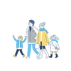 笑顔で歩く冬服の4人家族