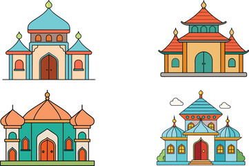 An Eastern-sunday home vector illustration featuring colorful architectural designs inspired by traditional religious and cultural buildings.