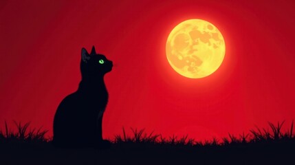 Fototapeta premium A Silhouetted Black Cat Gazes at a Large Yellow Moon in a Crimson Sky, a Nocturnal Scene of Mystery and Enchantment