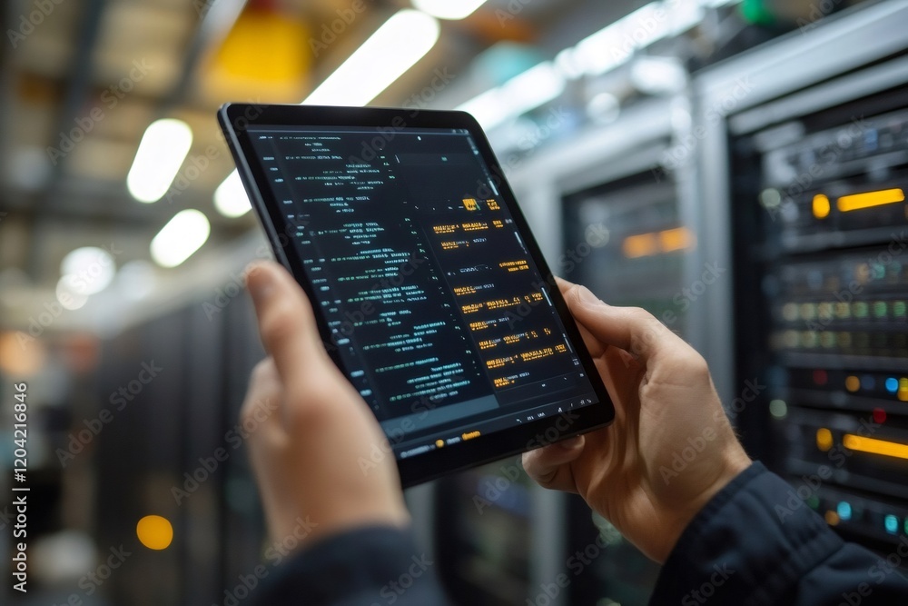 Fototapete It engineer holding tablet and monitoring server status in data center