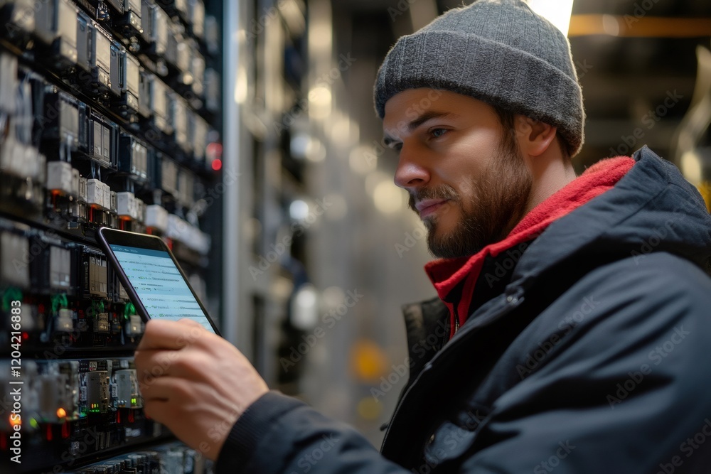 Leinwandbilder it engineer using tablet, inspecting server rack in data center