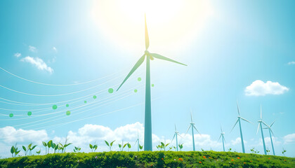 Green energy power production it is future. Windmill and graphic diagram of air currents that produce green energy, grunge, with white tones