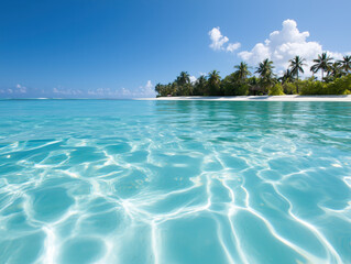 Fototapeta premium Tropical Paradise: Crystal Clear Waters and Palm-Lined Beach Under a Blue Sky