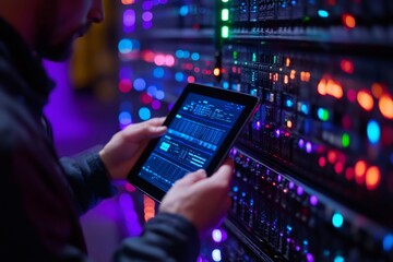 It engineer monitoring server status using tablet in data center