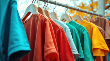 Obraz premium Colorful t-shirts hanging on a rack outdoors. Perfect for summer fashion or a retail display.