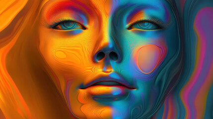 Abstract iridescent portrait of a woman's face with vibrant colors and fluid textures