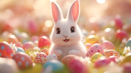 a cute white bunny surrounded by colorful easter eggs in a field of flowers.