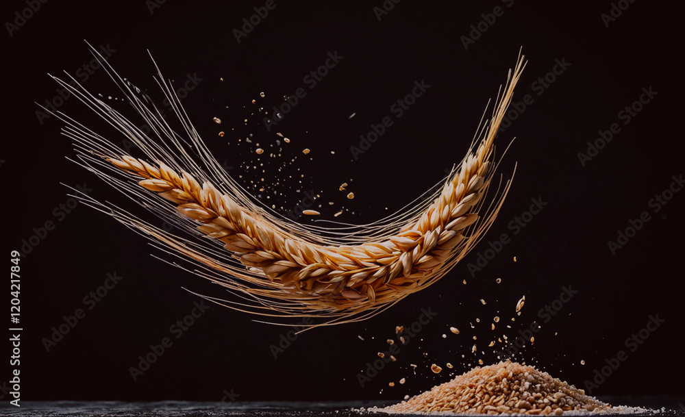 Poster a grain of wheat is flying through the air. the grain is surrounded by a cloud of dust
