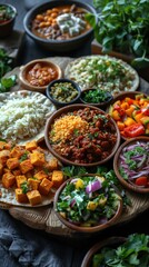 Fototapeta premium There are many different types of food on a wooden plate, food background, vertical background