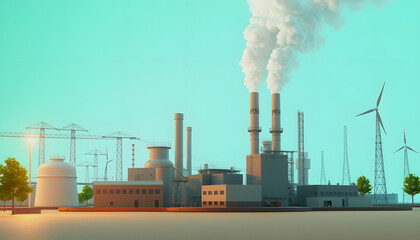 3D green industrial factory Eco-energy for sustainable energy saving environmentally friendly low carbon emissions, studio lighting, with white tones