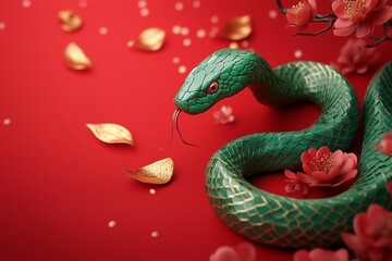 Obraz premium Green snake among golden coins and flowers on red background, symbol of 2025 year