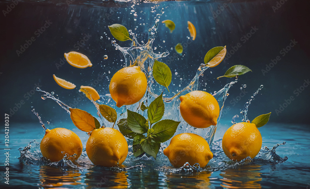 Poster a splash of water with a bunch of lemons floating in it. the lemons are yellow and have green leaves