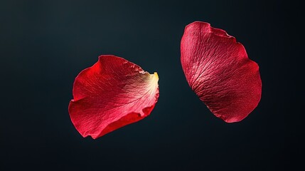 Bright Red Rose Petals Floating in Air Against Dark Background