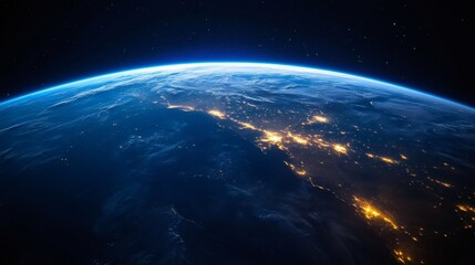 Obraz premium Planet earth rotating showing night city lights and starry sky