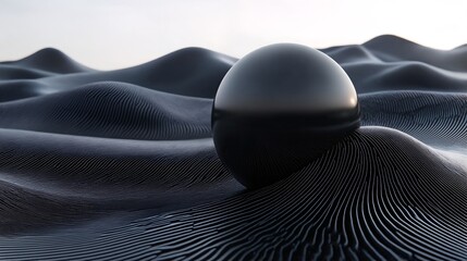 A 3D rendering of a black sphere sitting on top of sand dunes.