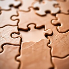 Close-up of beige jigsaw puzzle pieces with one missing.