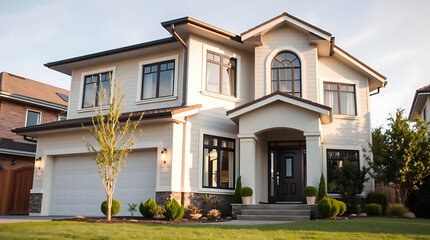 Fototapeta premium Luxury Two-Story Home Exterior: Modern Architectural Design and Landscaping