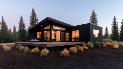 Obraz premium Modern Black Cabin in a Forest Setting