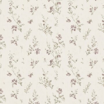 Seamless wallpaper pattern of small, ditsy floral print in muted mauve and sage green on a cream background