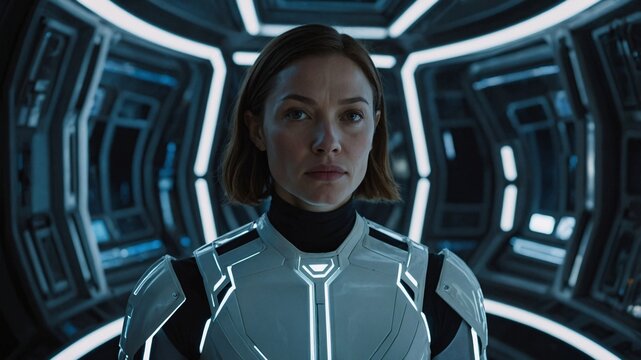 Futuristic space exploration unfolds within a high-tech module filled with glowing patterns and advanced technology, where a determined astronaut prepares for an unknown mission ahead