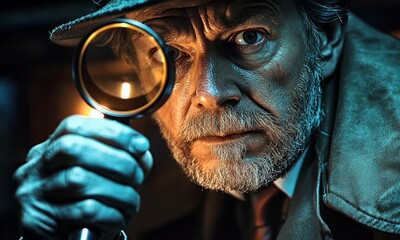 Detective examining clues with a magnifying glass in a dimly lit room filled with mystery