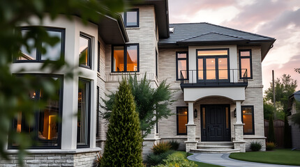 Luxury Modern Brick House Exterior at Dusk. Beautiful Home Design, Real Estate Photography