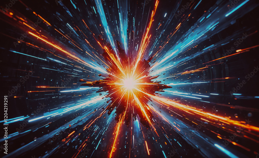 Poster a bright light is shooting out from the center of the image, surrounded by a colorful explosion of l