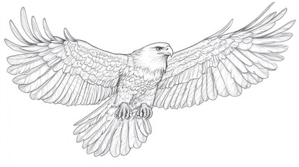Detailed line drawing of an eagle with wings spread wide in soaring flight against a white background