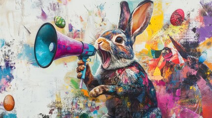 This colorful art collage features an easter bunny with a megaphone, promoting business discounts and job information, ideal for holiday ad campaigns and marketing promotions.