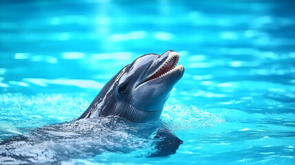 Happy dolphin swimming in a turquoise pool, marine park background, wildlife conservation