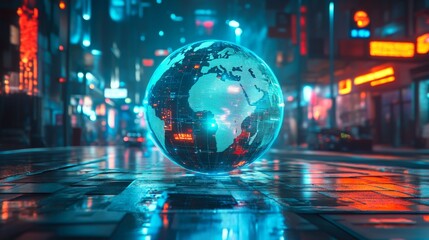 an image of the Earth hovering over the wet asphalt of a nighttime city illuminated by bright neon lights