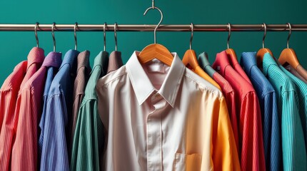 Obraz premium Colorful shirts hanging on a rack, showcasing a variety of styles and colors. Perfect for a retail display or fashion editorial.