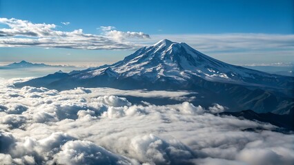 Snow-Capped Mountain Peak Emerging Above the Clouds with a Clear Blue Sky for Scenic and Adventure Inspirations  