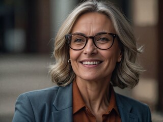 Confident mature woman in business attire smiling outdoors with professional glasses and hairstyle