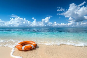 Obraz premium Orange lifebuoy resting on the shore of a tropical beach during a sunny day