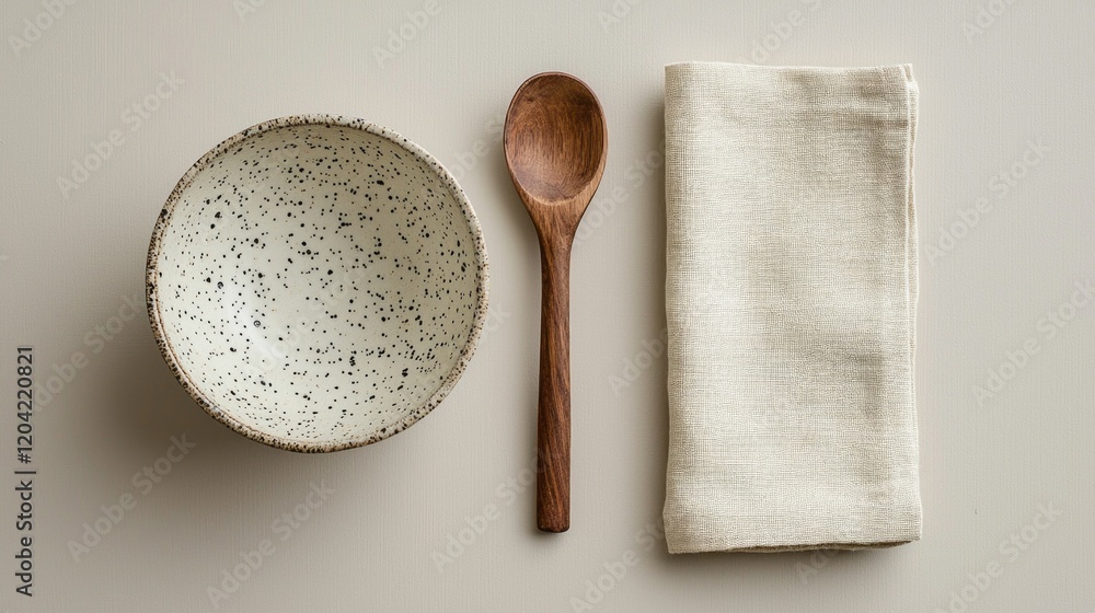 Poster soft hues create a tranquil setting with a speckled ceramic bowl nestled alongside a wooden spoon an