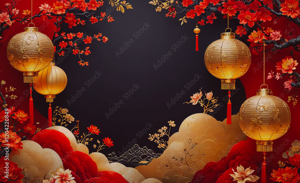 Poster A beautiful red and gold lantern display with a black background. The lanterns are hanging from the ceiling and are illuminated, creating a warm and inviting atmosphere. The display is reminiscent of
