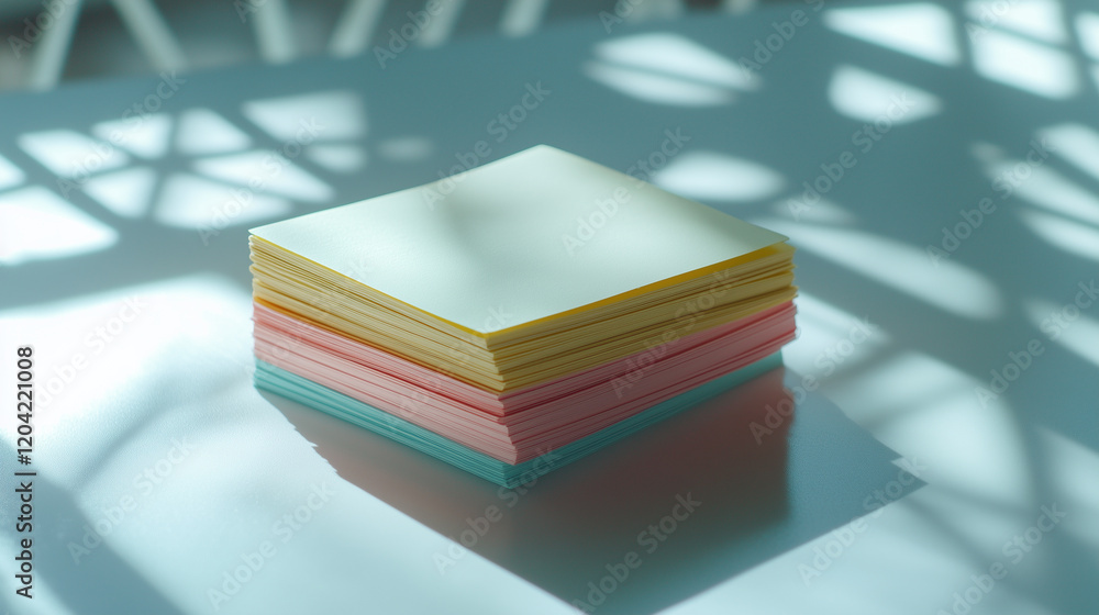 Poster stack of sticky notes in various pastel colors, placed on a white desk, with the edges casting soft 