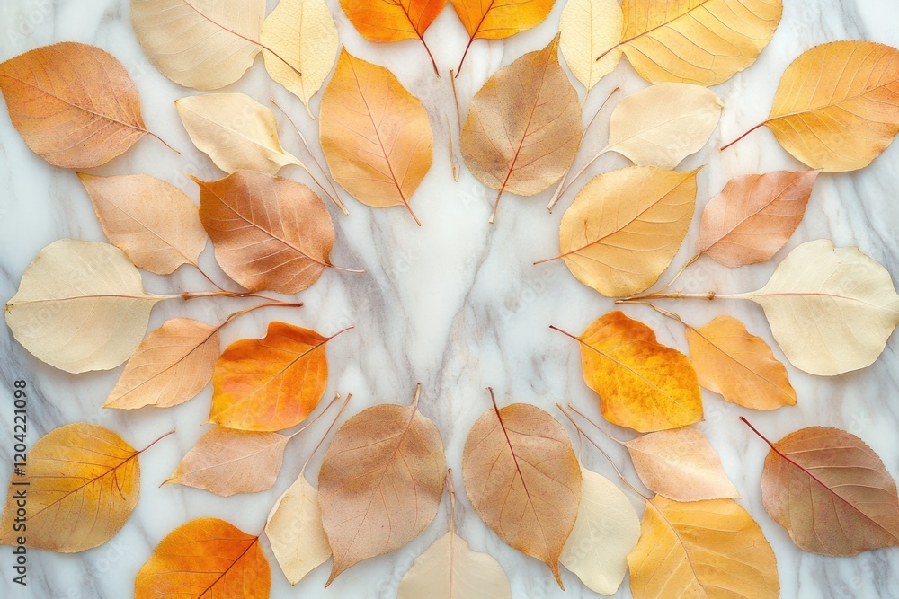 Poster autumn leaves arranged in a circular pattern on a marble background, creating a visually appealing f