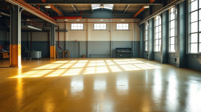 Sunlit industrial warehouse interior.  Spacious, high-ceilinged room with large windows and polished floors. Perfect for various uses.