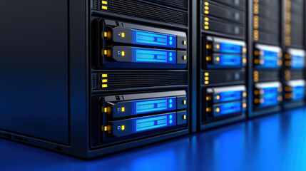 Naklejka premium Data servers with blue lights and sleek design