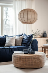A chic living area adorned with natural materials and decor.