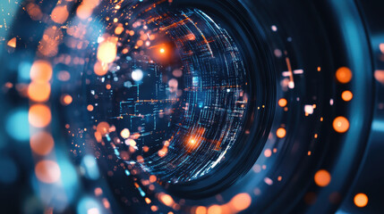 Abstract digital data sphere inside a camera lens with vibrant lens flares