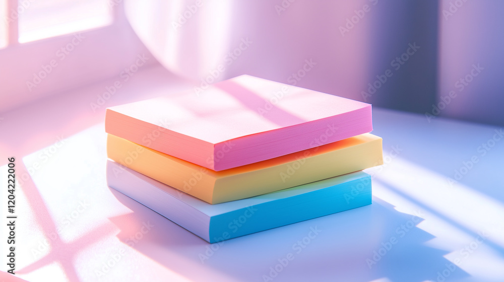 Poster stack of sticky notes in various pastel colors, placed on a white desk, with the edges casting soft 