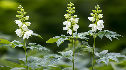 Three white flowers blooming in a garden, green blurred background; ideal for nature websites or gardening blogs