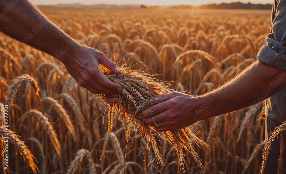 Poster two people are holding a bunch of wheat in a field. the wheat is golden and the field is full of it